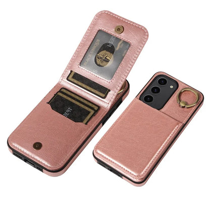 004 For Samsung Galaxy S23 Case with Card Holder PU Leather Protective Cover Rotation Finger Ring