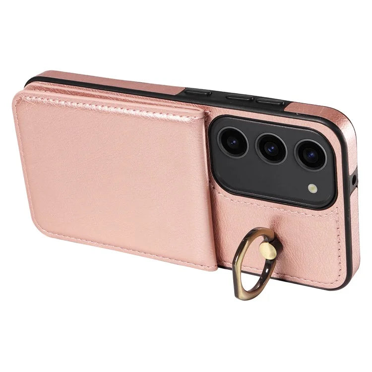 004 For Samsung Galaxy S23 Case with Card Holder PU Leather Protective Cover Rotation Finger Ring