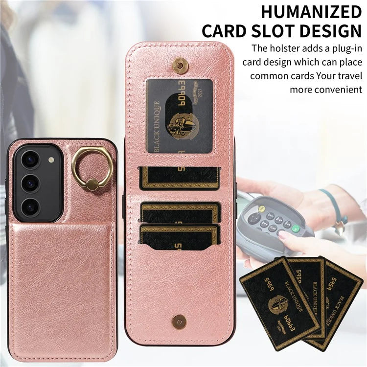 004 For Samsung Galaxy S23 Case with Card Holder PU Leather Protective Cover Rotation Finger Ring