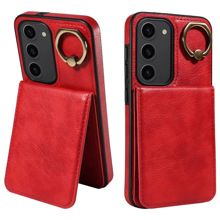 004 For Samsung Galaxy S23 Case with Card Holder PU Leather Protective Cover Rotation Finger Ring