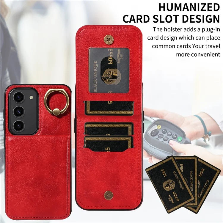 004 For Samsung Galaxy S23 Case with Card Holder PU Leather Protective Cover Rotation Finger Ring