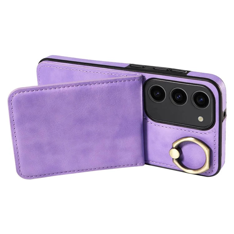 004 For Samsung Galaxy S23 Case with Card Holder PU Leather Protective Cover Rotation Finger Ring