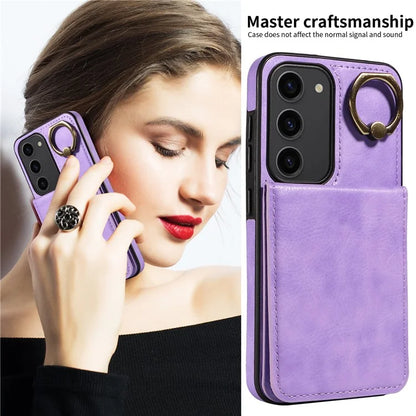 004 For Samsung Galaxy S23 Case with Card Holder PU Leather Protective Cover Rotation Finger Ring