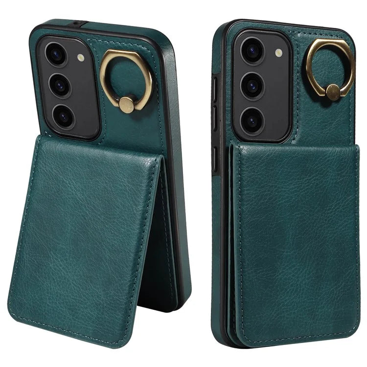 004 For Samsung Galaxy S23 Case with Card Holder PU Leather Protective Cover Rotation Finger Ring