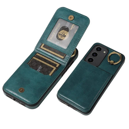 004 For Samsung Galaxy S23 Case with Card Holder PU Leather Protective Cover Rotation Finger Ring