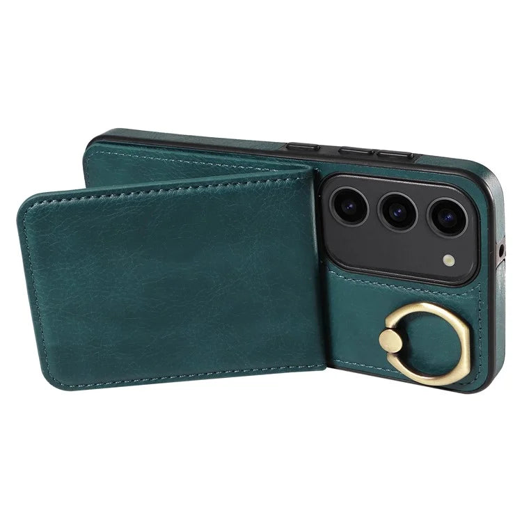 004 For Samsung Galaxy S23 Case with Card Holder PU Leather Protective Cover Rotation Finger Ring