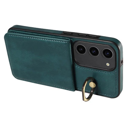 004 For Samsung Galaxy S23 Case with Card Holder PU Leather Protective Cover Rotation Finger Ring