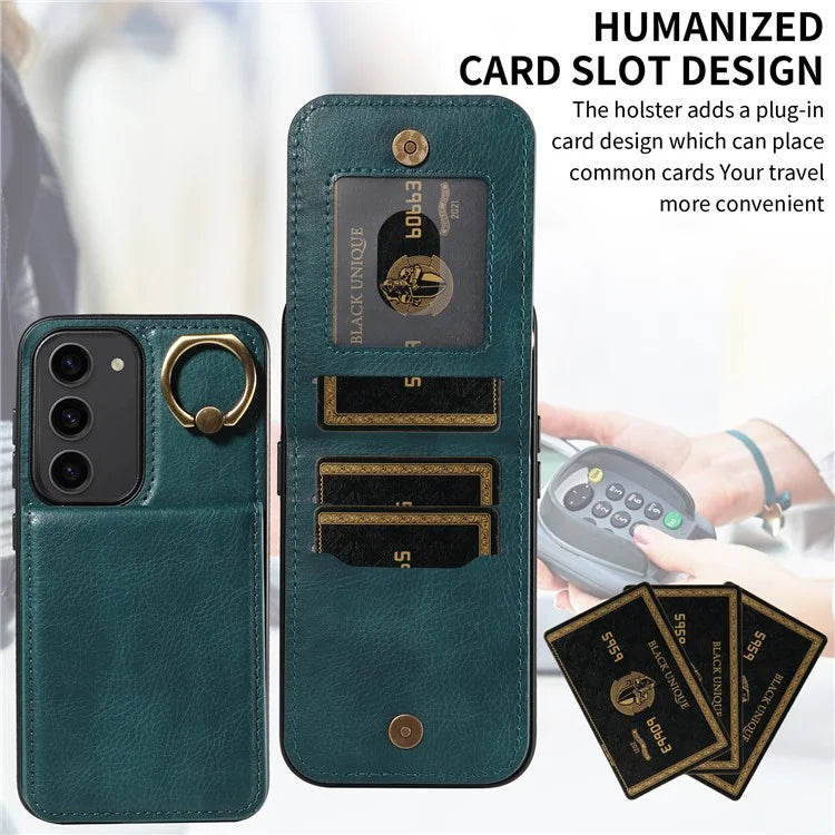 004 For Samsung Galaxy S23 Case with Card Holder PU Leather Protective Cover Rotation Finger Ring