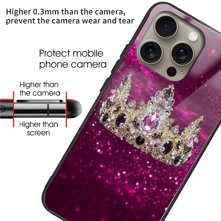 For iPhone 16 Pro Max Case Pattern Printing Tempered Glass TPU Phone Cover