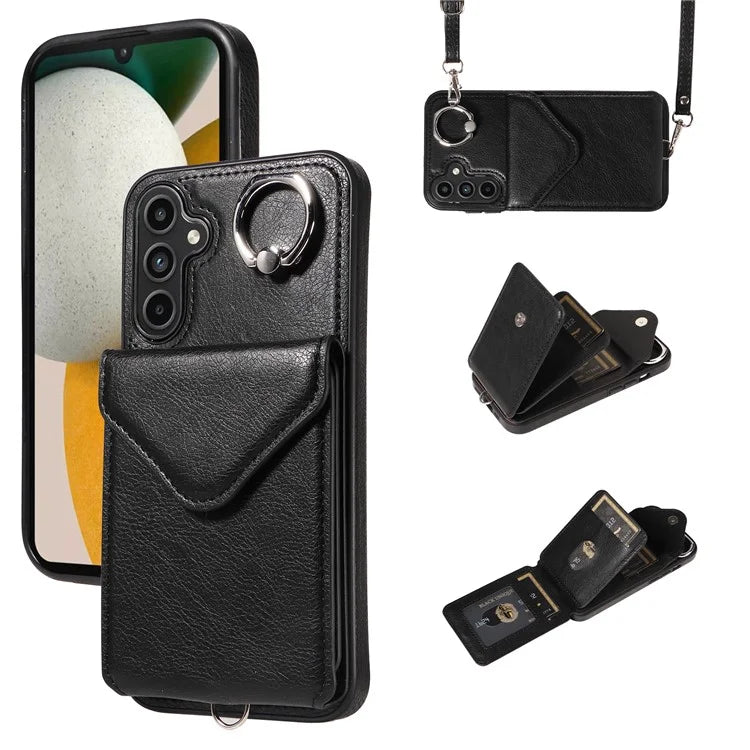 005 For Samsung Galaxy A15 5G Case PU Leather Crossbody Back Cover Finger Ring Holder