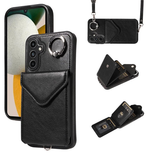 005 For Samsung Galaxy A15 5G Case PU Leather Crossbody Back Cover Finger Ring Holder