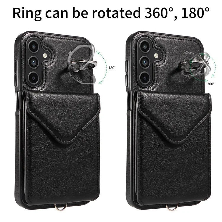 005 For Samsung Galaxy A15 5G Case PU Leather Crossbody Back Cover Finger Ring Holder