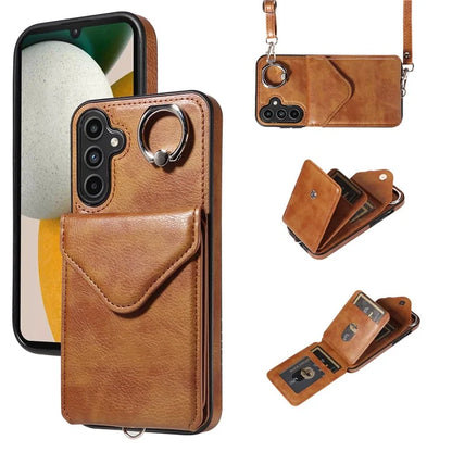 005 For Samsung Galaxy A15 5G Case PU Leather Crossbody Back Cover Finger Ring Holder