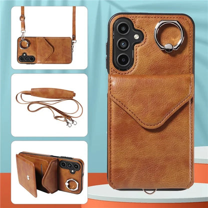 005 For Samsung Galaxy A15 5G Case PU Leather Crossbody Back Cover Finger Ring Holder