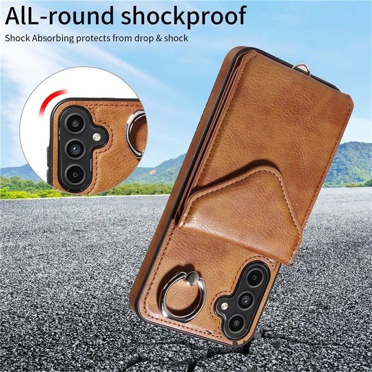 005 For Samsung Galaxy A15 5G Case PU Leather Crossbody Back Cover Finger Ring Holder