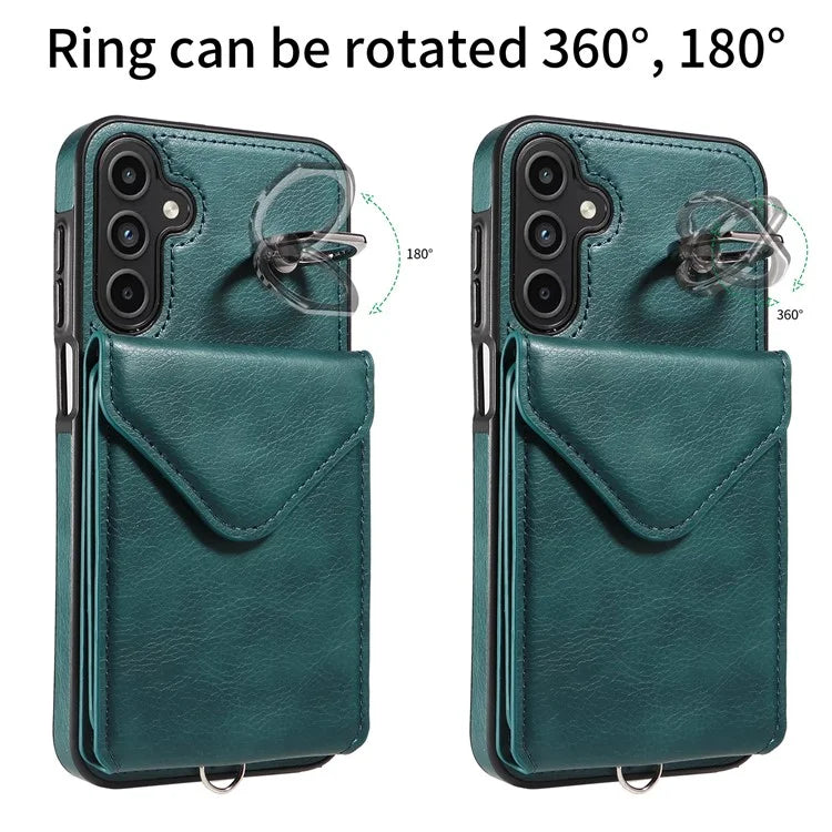 005 For Samsung Galaxy A15 5G Case PU Leather Crossbody Back Cover Finger Ring Holder