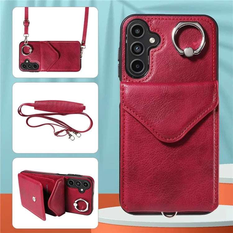 005 For Samsung Galaxy A15 5G Case PU Leather Crossbody Back Cover Finger Ring Holder