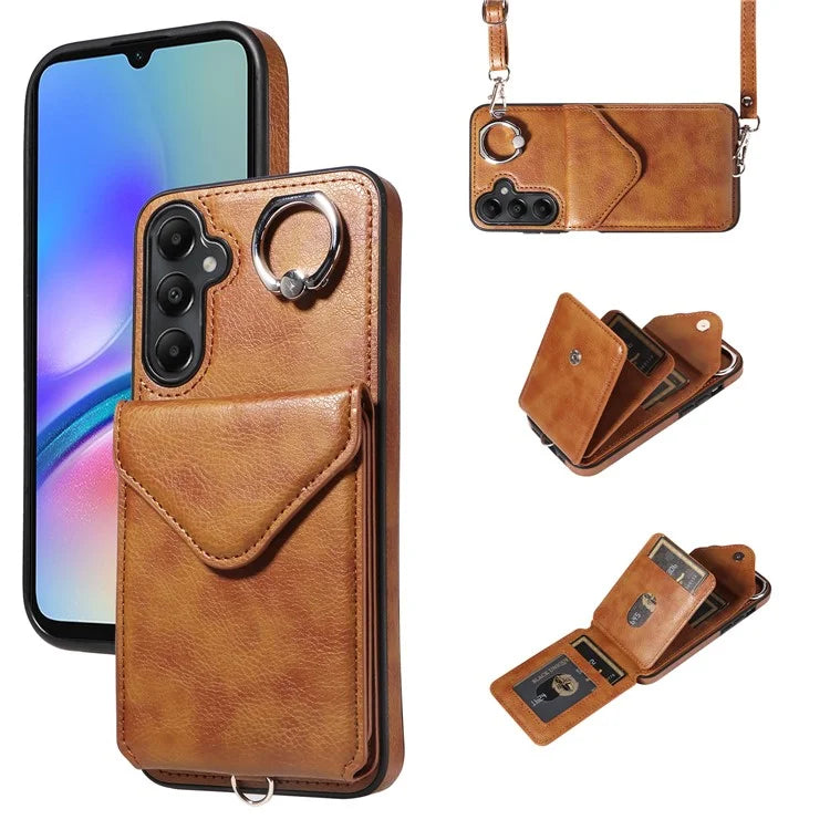 005 For Samsung Galaxy A05s 4G Crossbody Case PU Leather Back Cover Card Holder Ring Kickstand
