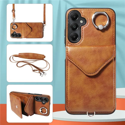 005 For Samsung Galaxy A05s 4G Crossbody Case PU Leather Back Cover Card Holder Ring Kickstand