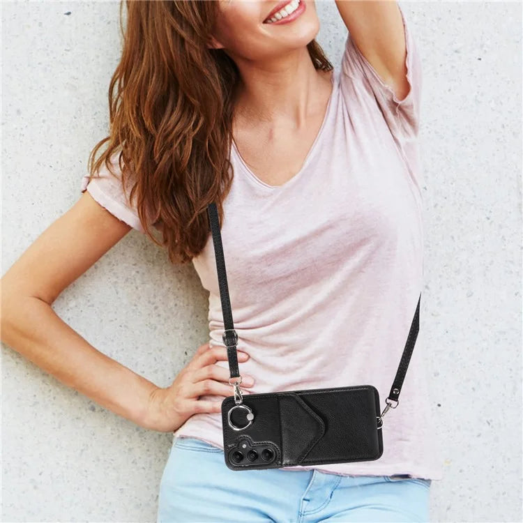 005 For Samsung Galaxy A05s 4G Crossbody Case PU Leather Back Cover Card Holder Ring Kickstand