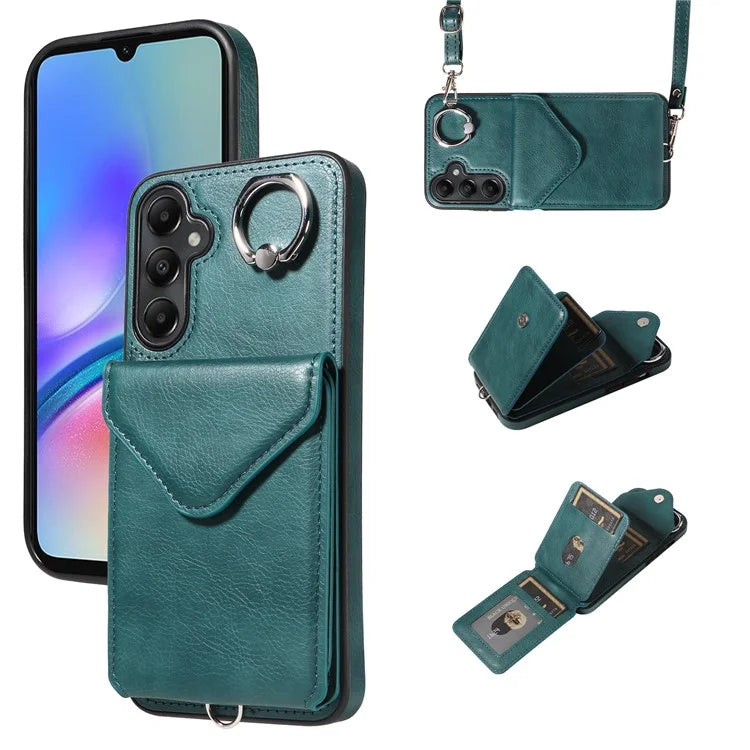 005 For Samsung Galaxy A05s 4G Crossbody Case PU Leather Back Cover Card Holder Ring Kickstand