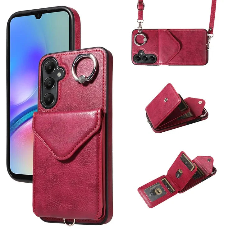 005 For Samsung Galaxy A05s 4G Crossbody Case PU Leather Back Cover Card Holder Ring Kickstand