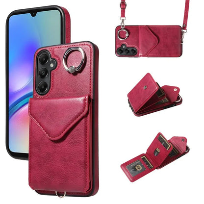 005 For Samsung Galaxy A05s 4G Crossbody Case PU Leather Back Cover Card Holder Ring Kickstand