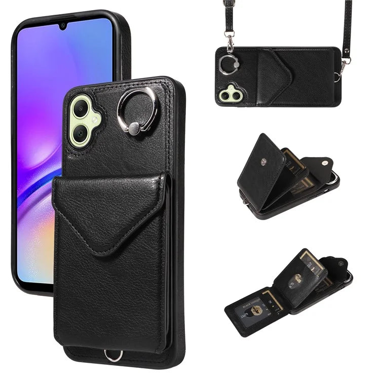 005 For Samsung Galaxy A05 4G Case Card Holder Litichi Grain Leather+TPU Crossbody Phone Cover