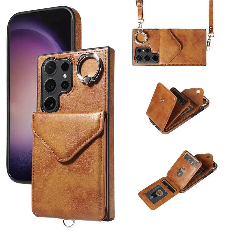 005 For Samsung Galaxy S24 Ultra Case Card Bag Leather+TPU Phone Cover with Shoulder Strap