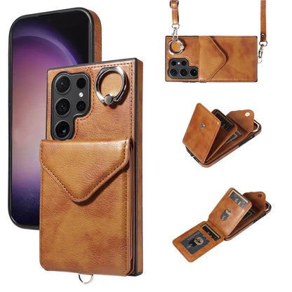 005 For Samsung Galaxy S24 Ultra Case Card Bag Leather+TPU Phone Cover with Shoulder Strap