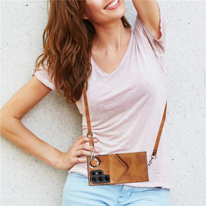 005 For Samsung Galaxy S24 Ultra Case Card Bag Leather+TPU Phone Cover with Shoulder Strap