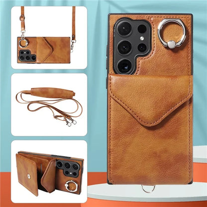 005 For Samsung Galaxy S24 Ultra Case Card Bag Leather+TPU Phone Cover with Shoulder Strap