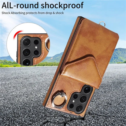 005 For Samsung Galaxy S24 Ultra Case Card Bag Leather+TPU Phone Cover with Shoulder Strap