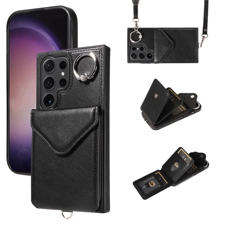 005 For Samsung Galaxy S24 Ultra Case Card Bag Leather+TPU Phone Cover with Shoulder Strap