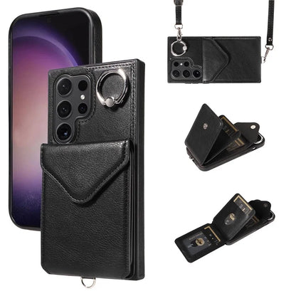 005 For Samsung Galaxy S24 Ultra Case Card Bag Leather+TPU Phone Cover with Shoulder Strap