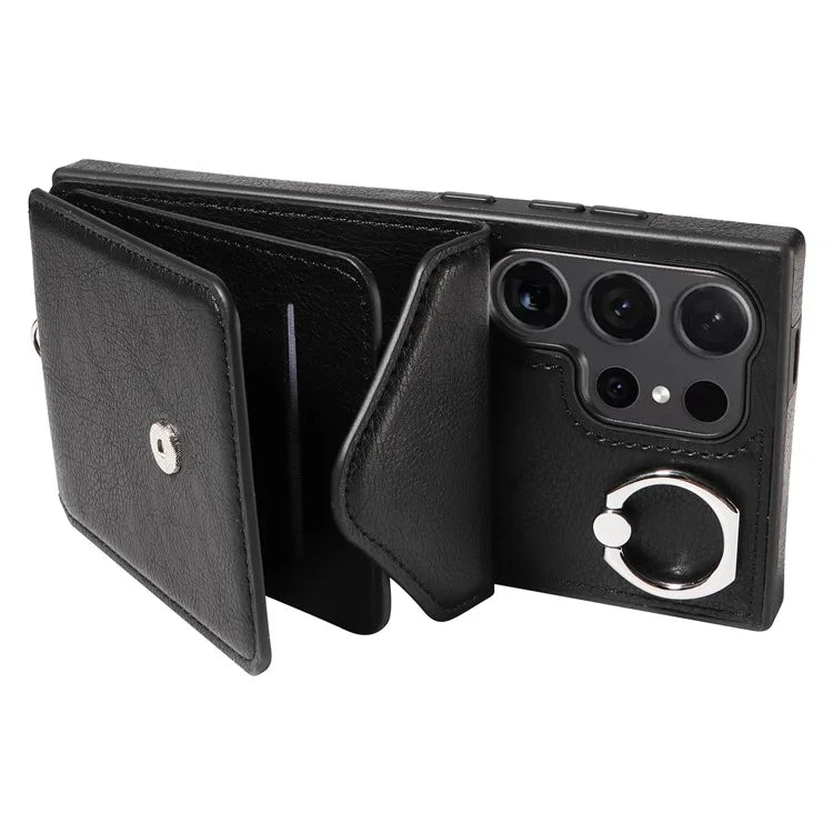 005 For Samsung Galaxy S24 Ultra Case Card Bag Leather+TPU Phone Cover with Shoulder Strap