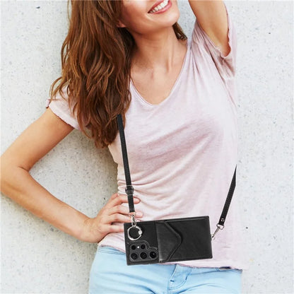 005 For Samsung Galaxy S24 Ultra Case Card Bag Leather+TPU Phone Cover with Shoulder Strap