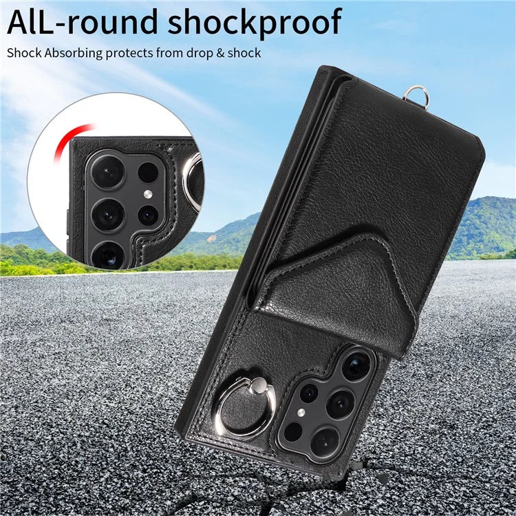 005 For Samsung Galaxy S24 Ultra Case Card Bag Leather+TPU Phone Cover with Shoulder Strap