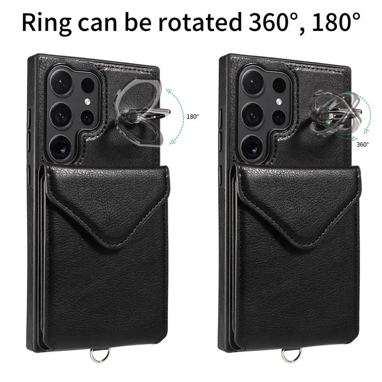 005 For Samsung Galaxy S24 Ultra Case Card Bag Leather+TPU Phone Cover with Shoulder Strap