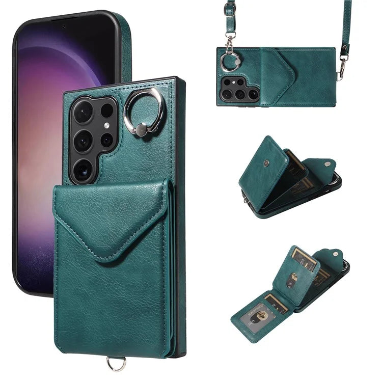 005 For Samsung Galaxy S24 Ultra Case Card Bag Leather+TPU Phone Cover with Shoulder Strap