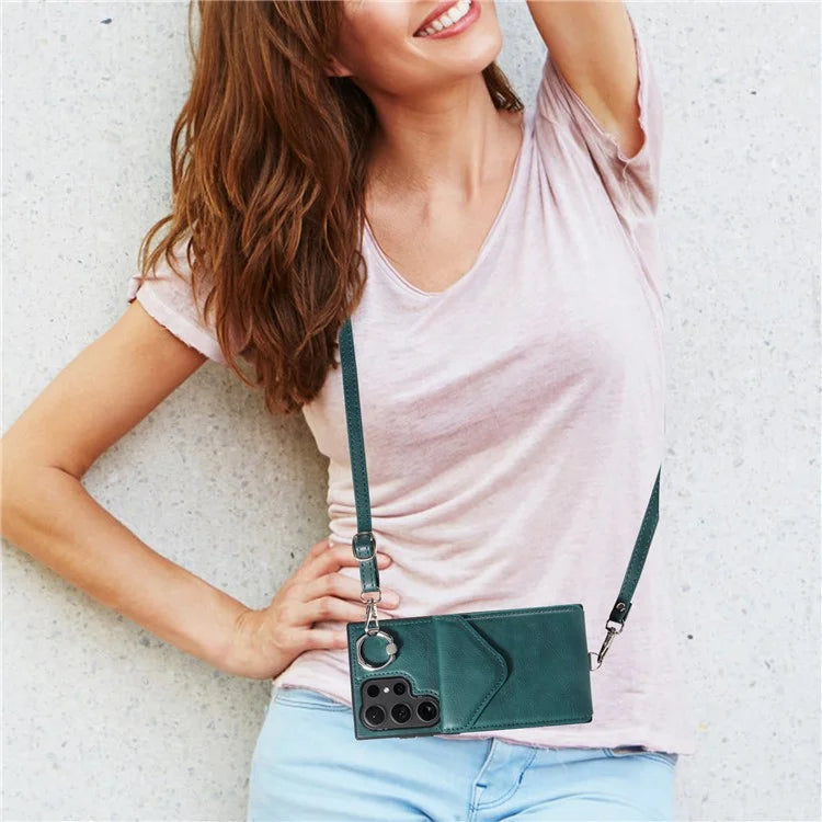 005 For Samsung Galaxy S24 Ultra Case Card Bag Leather+TPU Phone Cover with Shoulder Strap