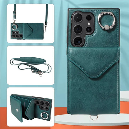 005 For Samsung Galaxy S24 Ultra Case Card Bag Leather+TPU Phone Cover with Shoulder Strap