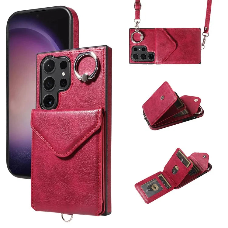 005 For Samsung Galaxy S24 Ultra Case Card Bag Leather+TPU Phone Cover with Shoulder Strap