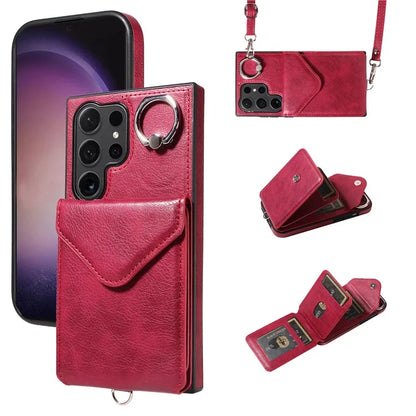 005 For Samsung Galaxy S24 Ultra Case Card Bag Leather+TPU Phone Cover with Shoulder Strap