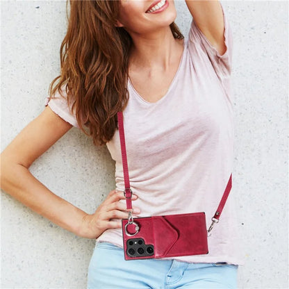 005 For Samsung Galaxy S24 Ultra Case Card Bag Leather+TPU Phone Cover with Shoulder Strap