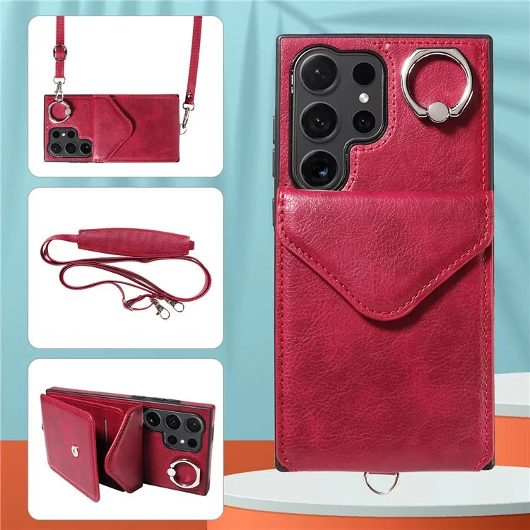 005 For Samsung Galaxy S24 Ultra Case Card Bag Leather+TPU Phone Cover with Shoulder Strap