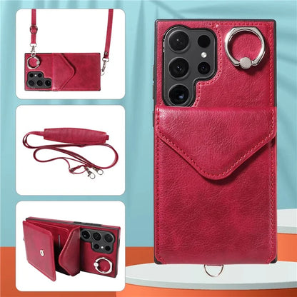 005 For Samsung Galaxy S24 Ultra Case Card Bag Leather+TPU Phone Cover with Shoulder Strap