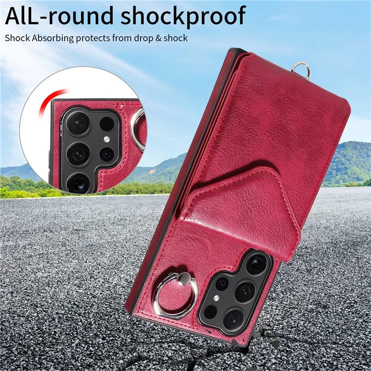 005 For Samsung Galaxy S24 Ultra Case Card Bag Leather+TPU Phone Cover with Shoulder Strap
