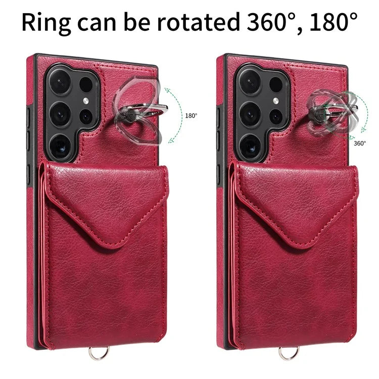 005 For Samsung Galaxy S24 Ultra Case Card Bag Leather+TPU Phone Cover with Shoulder Strap