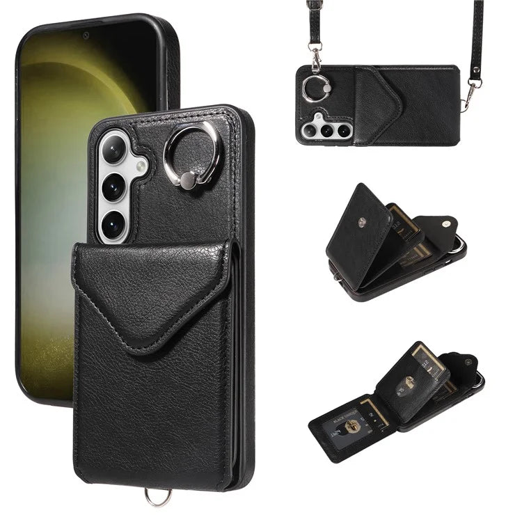 005 For Samsung Galaxy S24+ Case Anti-Drop Ring Leather+TPU Phone Cover with Shoulder Strap